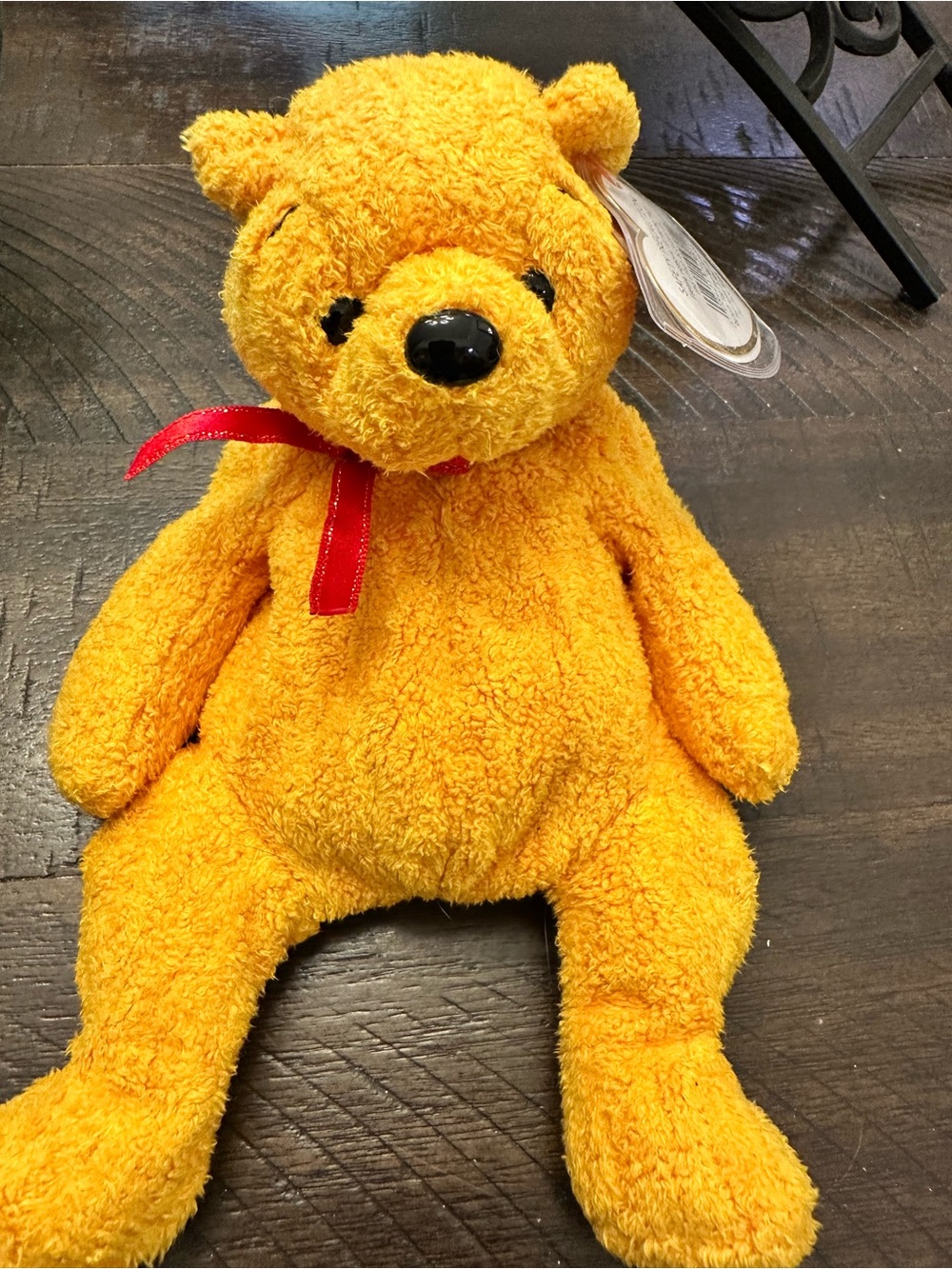Ty Poopsie the Bright Yellow Beanie Baby Teddy Bear with Red Ribbon